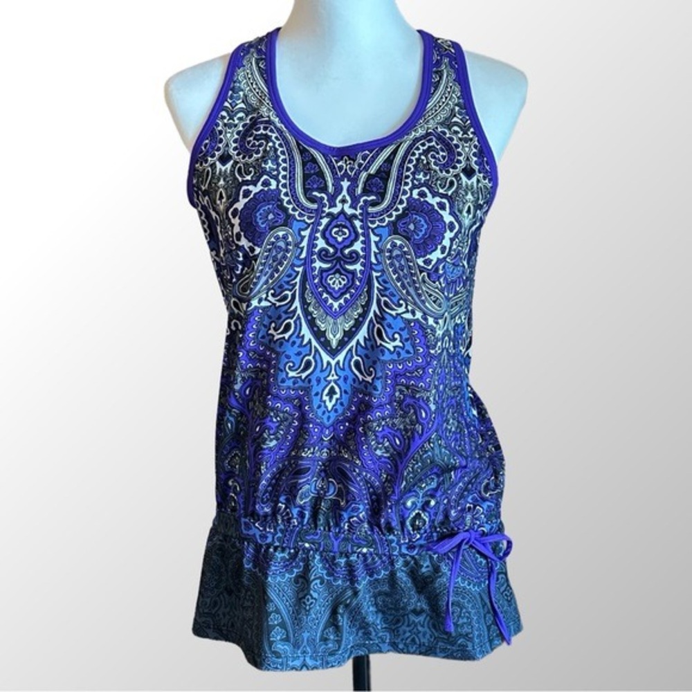 Athleta Tic Tac Toe Tank Top Women Size M Purple Paisley Strappy Back Active